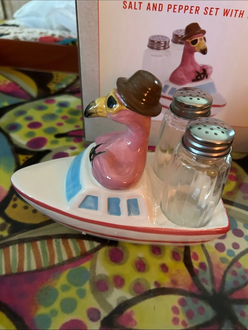 Pink Flamingo Salt & Pepper Set with Boat Holder